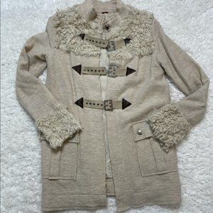 Free People Bohemian Wool Buckle Trench Coat Faux Fur XS
